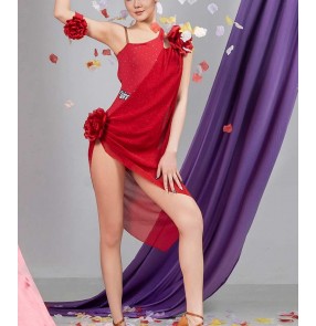 Women latin dance dresses one shoulder flowers slant neck salsa rumba chacha flowy latin performance costumes